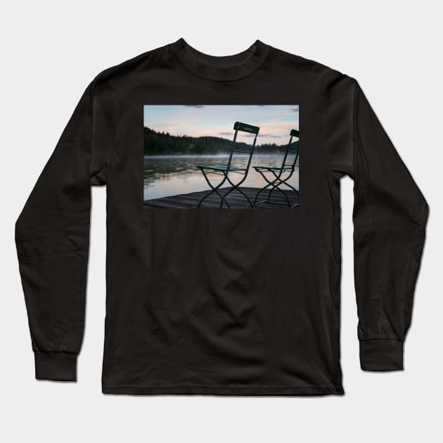 Two Chairs on pier. Amazing shot of the Ferchensee lake in Bavaria, Germany. Scenic foggy morning scenery at sunrise. Long Sleeve T-Shirt by EviRadauscher